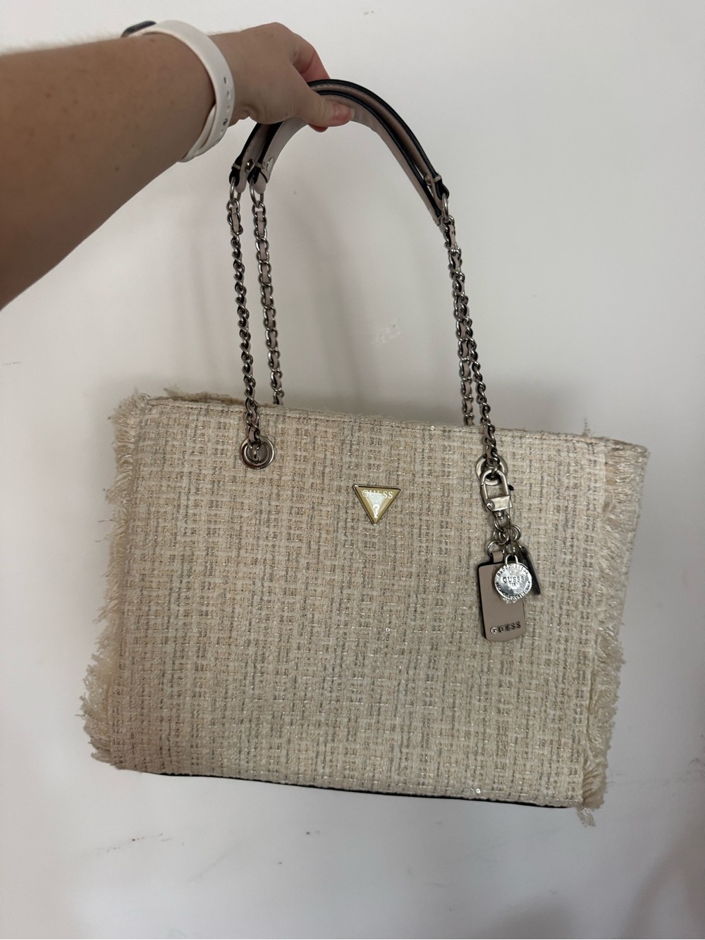 GUESS Cream Tweed Tote with Chain Handles